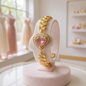 🏷NEW PINK HEART CUBIC ZIRCONIA design w/ rose chain goldplated charm bracelet .